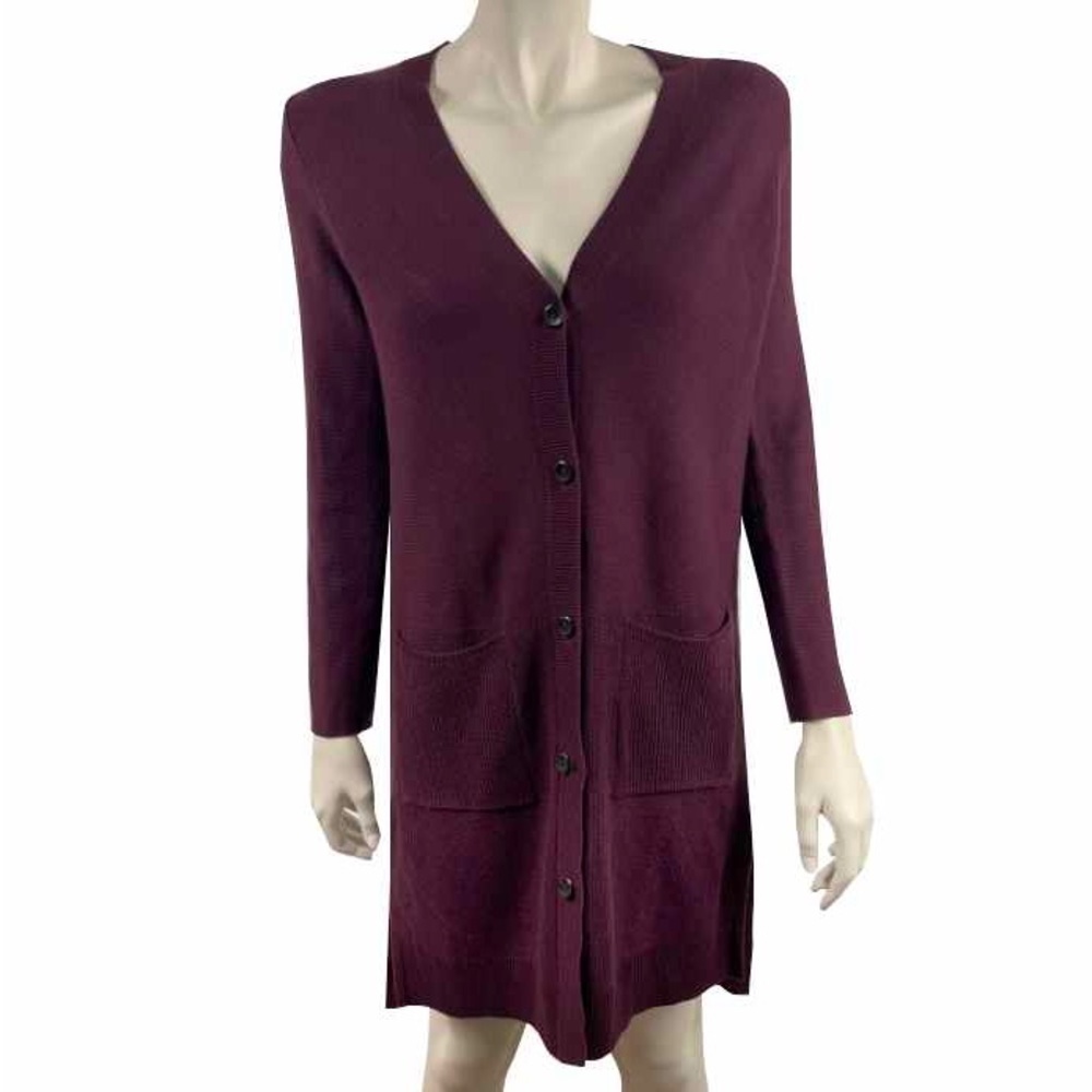 J. Jill Tan Long Line Plum Purple Button‎ Front Cardigan